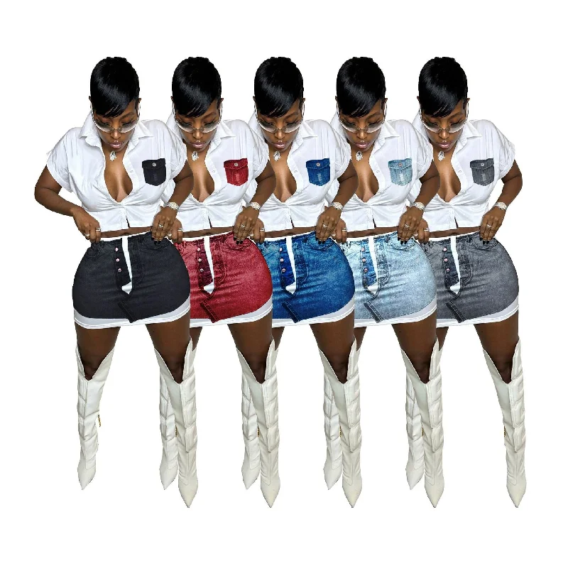Sharee 2023 Fashion Women Summer Skirt And Top Denim Printing Short Set for Woman lace skirt delicate Sharee 2023 Fashion Women Summer Skirt And Top Denim Printing Short Set for Woman lace skirt delicate