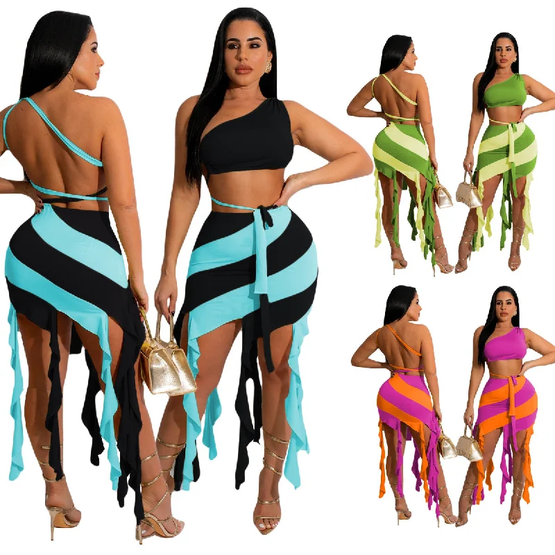 Summer 2023 Women Clothing One Shoulder Crop Top Tassel Skirt Summer Sexy Two Piece Skirt Set Women high waist skirt Summer 2023 Women Clothing One Shoulder Crop Top Tassel Skirt Summer Sexy Two Piece Skirt Set Women high waist skirt
