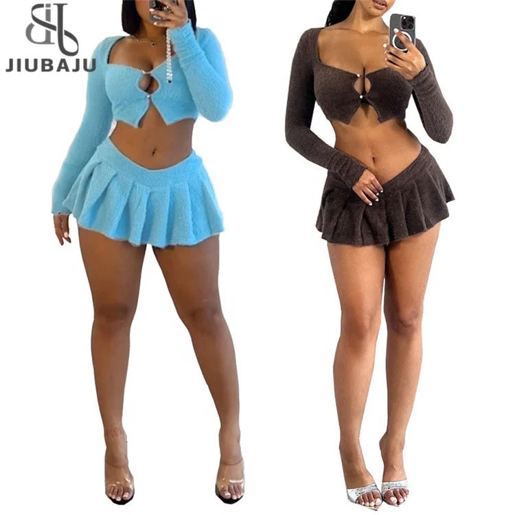 Two Piece Sets Women Outfits 2023 Fluffy Long Sleeve Top and Mini Pleated Skirt Sexy New In Matching Sets velvet skirt glossy Two Piece Sets Women Outfits 2023 Fluffy Long Sleeve Top and Mini Pleated Skirt Sexy New In Matching Sets velvet skirt glossy