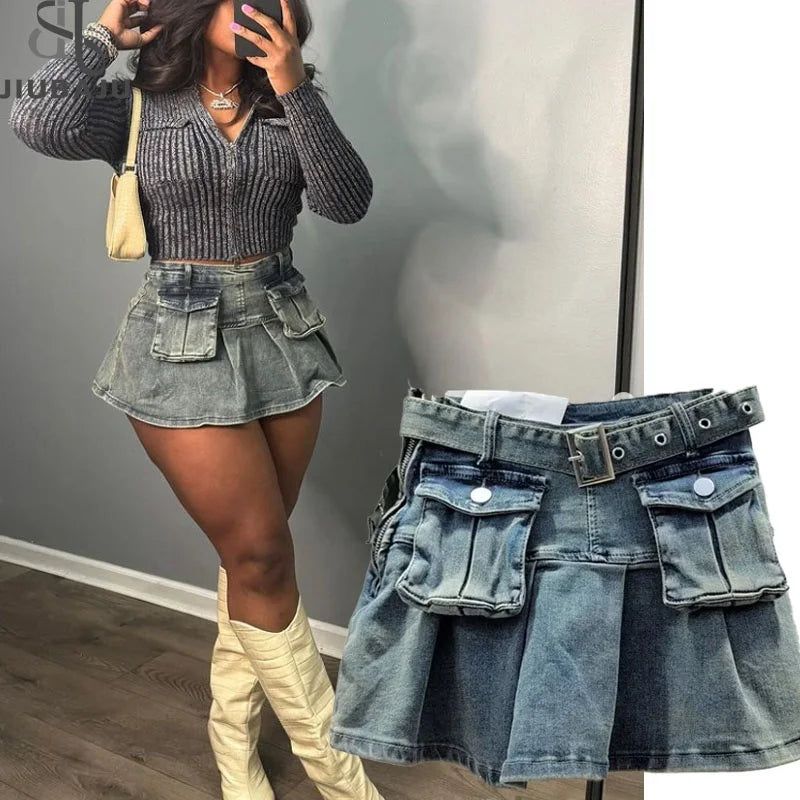 Women Summer Pleated 3d Pockets Denim Cargo Skirt Y2k Elegant Vintage High Waist Belt A-Line Jean Skirt chiffon skirt airy Women Summer Pleated 3d Pockets Denim Cargo Skirt Y2k Elegant Vintage High Waist Belt A-Line Jean Skirt chiffon skirt airy