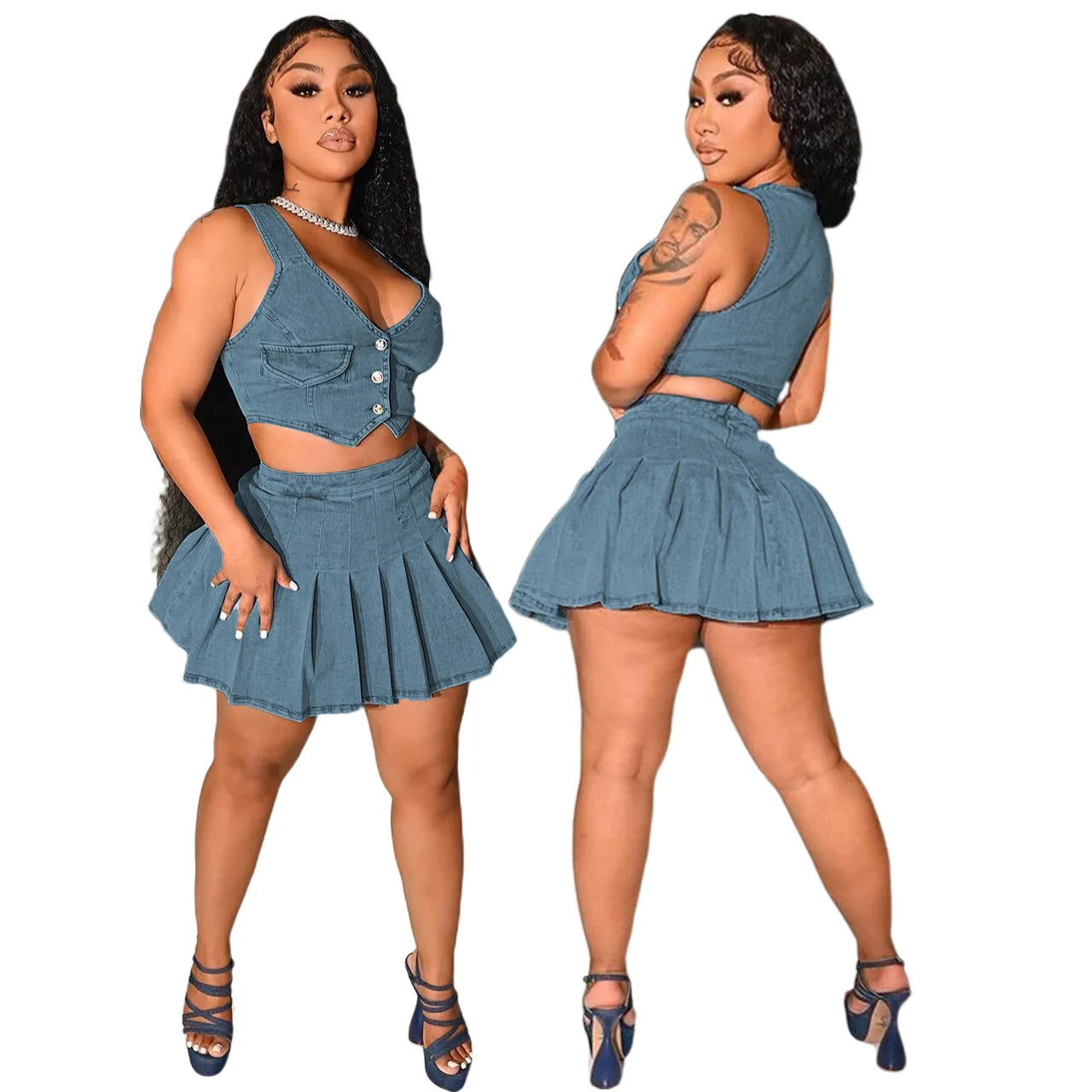 Summer Vest And Pleated  Two Piece Skirt Set elastic waist skirt