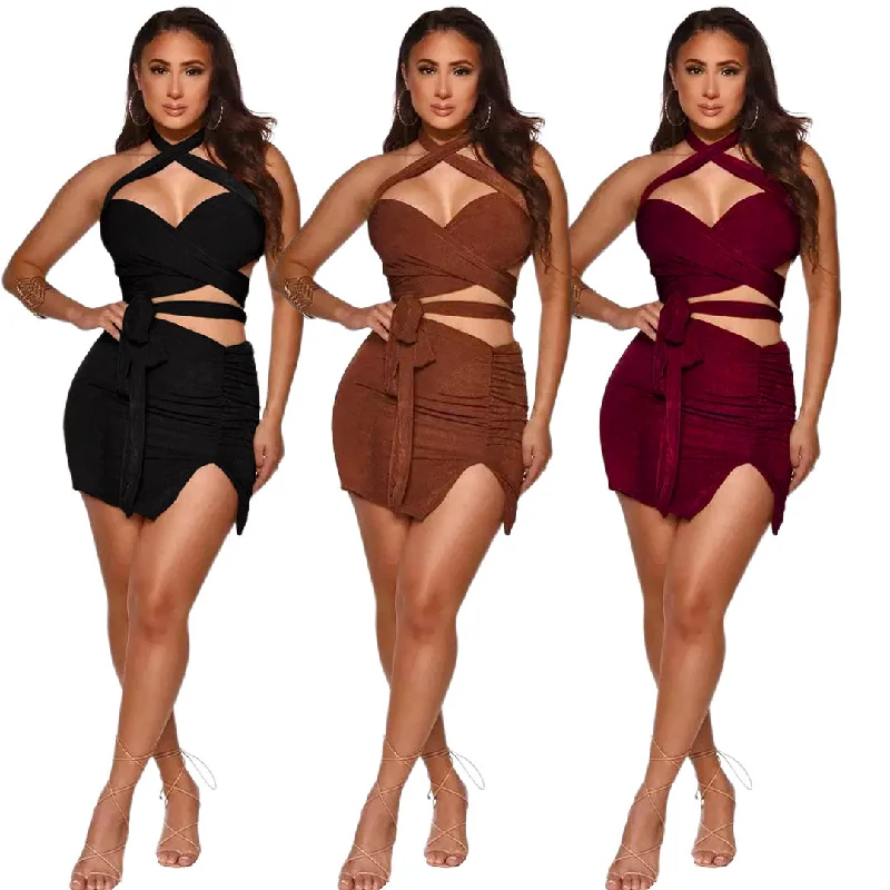 Women's nightclub clothes sexy lace-up pleated slit skirt two-piece lace-up slim-fit small vest summer new hip skirt casual suit linen skirt breathable Women's nightclub clothes sexy lace-up pleated slit skirt two-piece lace-up slim-fit small vest summer new hip skirt casual suit linen skirt breathable