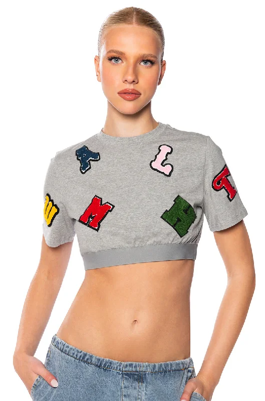ABC SHORT SLEEVE PATCHWORK T SHIRT IN GREY Trendy Short Sleeve Tunic