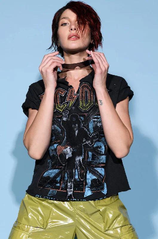 AC DC CROPPED SHREDDED TSHIRT Chic Silk Short Sleeve Shirt