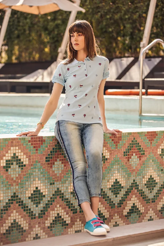 Air Ballon Printed Polo Neck Womens Tshirt Elegant High-Low Short Shirt