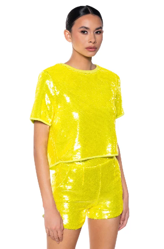 ALL UP IN MY MIND SEQUIN SHORT SLEEVE SHIRT Fashionable Pleated Short Shirt