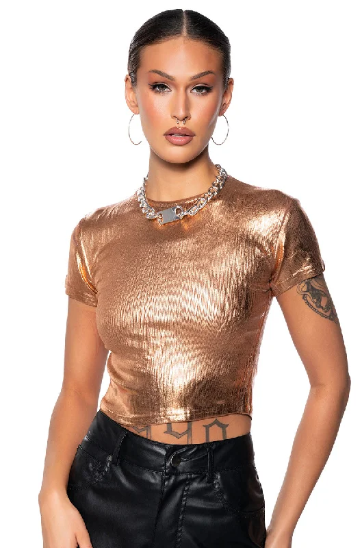 ARIES METALLIC RIB SHORT SLEEVE T SHIRT IN BRONZE Elegant High-Low Short Shirt