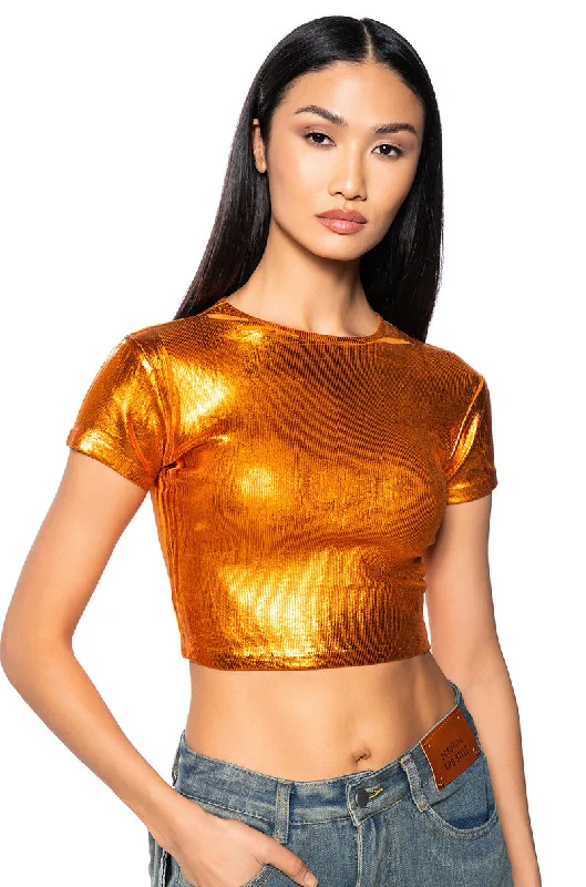 ARIES METALLIC RIB SHORT SLEEVE T SHIRT IN ORANGE Cozy Linen Short Shirt