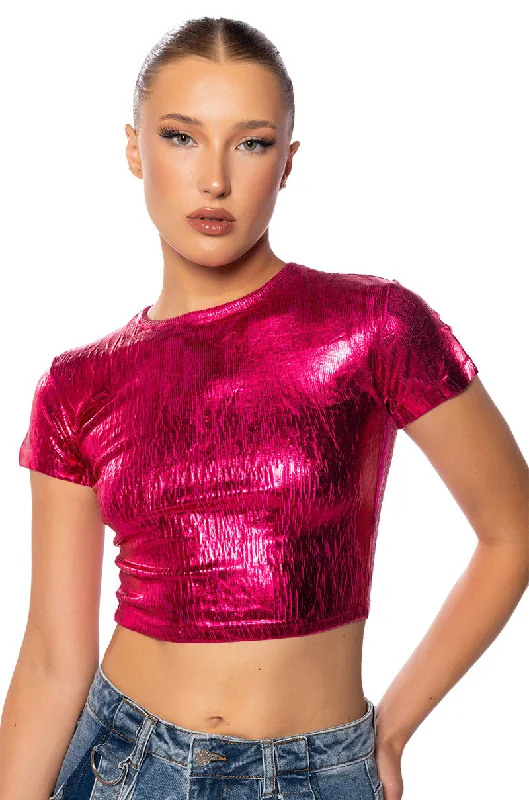 ARIES METALLIC RIB SHORT SLEEVE T SHIRT Trendy Tie-Front Short Shirt