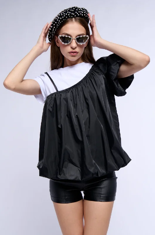 AYO ARI BUBBLE HEM T SHIRT Fashionable Button-Front Short Sleeve
