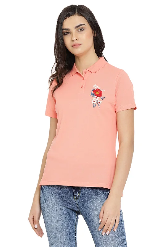Women's Polo neck pink t shirt Casual Ruffle Short Shirt