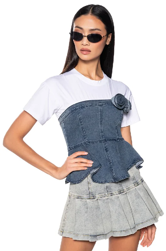 BREATHE ME IN DENIM CORSET TSHIRT Stylish Split-Hem Short Shirt