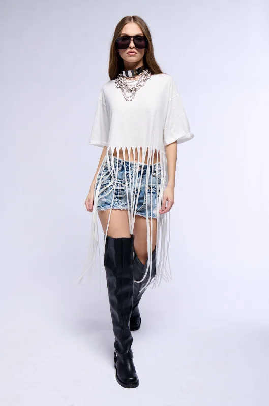 BRING THE FUN FRINGE T SHIRT IN WHITE Stylish Pleated Short Sleeve