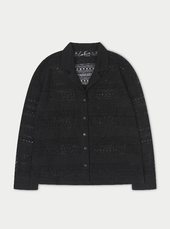 TEXTURED CROCHET SHIRT - BLACK Fashionable Short Sleeve Vest