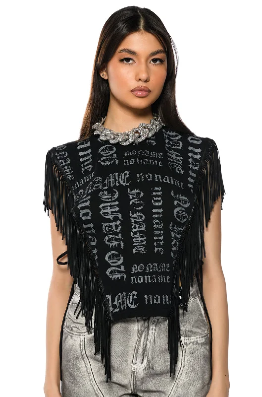BROOKLYN GRAPHIC PRINTED FRINGE TRIM TSHIRT Stylish Pleated Short Sleeve