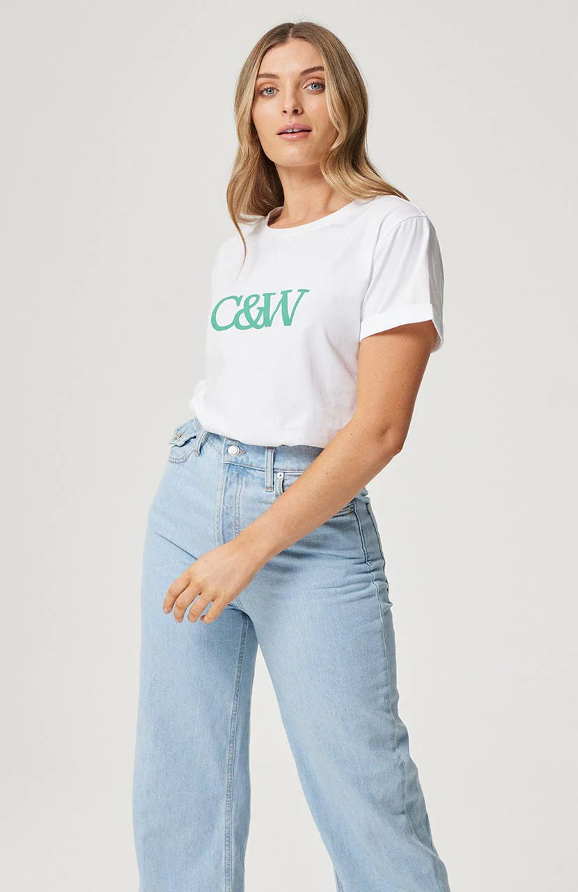 CARTEL & WILLOW MARLO TEE WHITE GREEN WRITING Collared T-Shirt Boat Neck A-Line