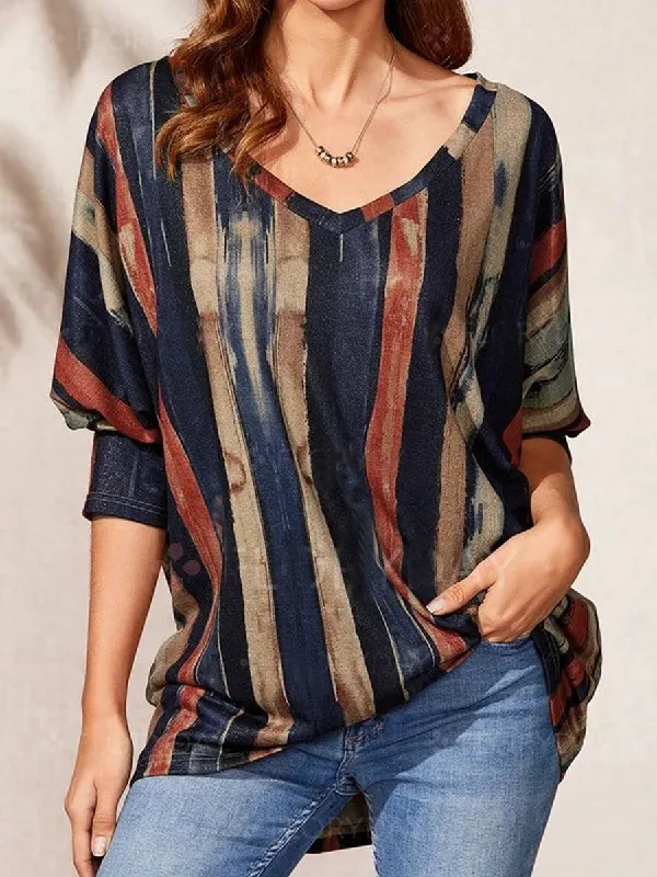 Casual Color Block V-Neck Long Sleeve Shirt Elegant Draped Short Sleeve