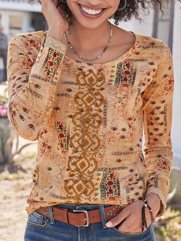 Casual Small Floral Long Sleeve Lace Shirt Stylish Casual Short Tee