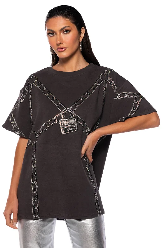 CHAIN DETAIL OVERSIZED TSHIRT IN GREY Comfortable Stretch Short Shirt