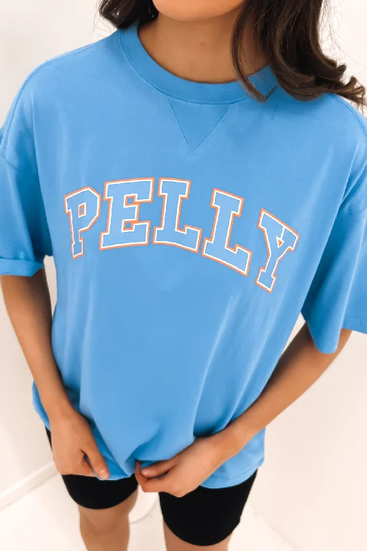 Collegiate Pelly Tee Azure Blue Asymmetrical Pockets Print