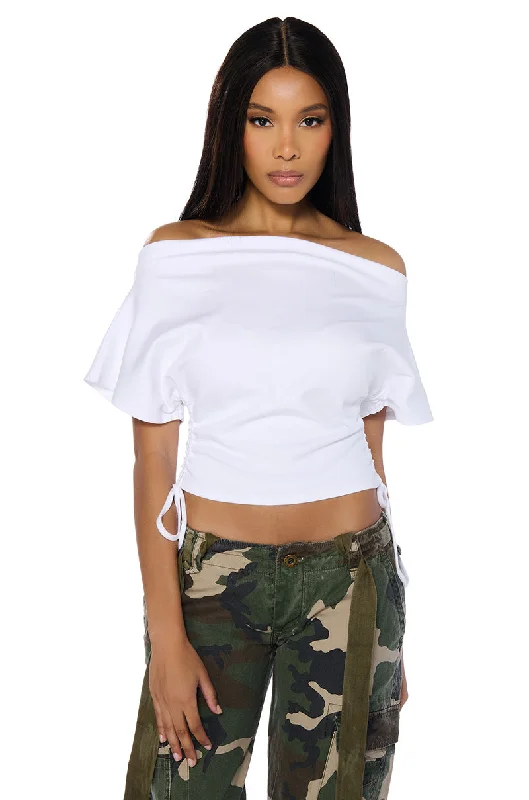 CRAZY IN LOVE SHORT SLEEVE OFF THE SHOULDER TSHIRT IN WHITE Casual Ruffle Short Shirt