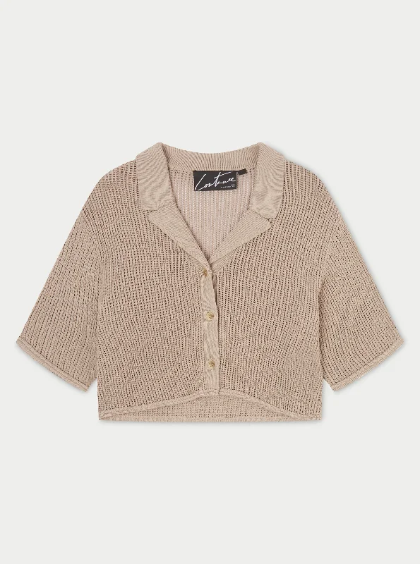 CROPPED KNITTED SHIRT - BEIGE Classic Short Sleeve Tunic