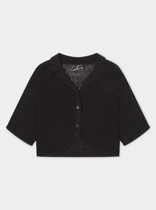 CROPPED KNITTED SHIRT - BLACK Cozy Striped Short Sleeve