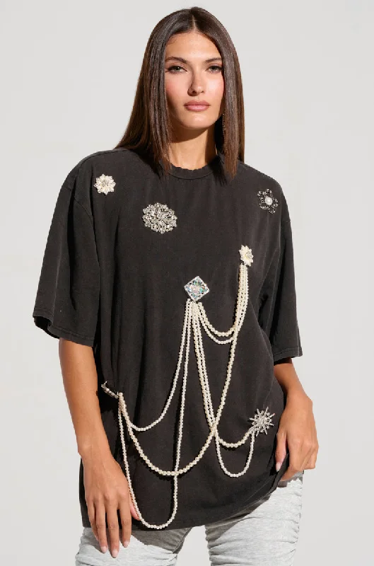 DRIPPING IN JEWELS EMBELLISHED T SHIRT IN HEATHER GREY Cozy Striped Short Sleeve
