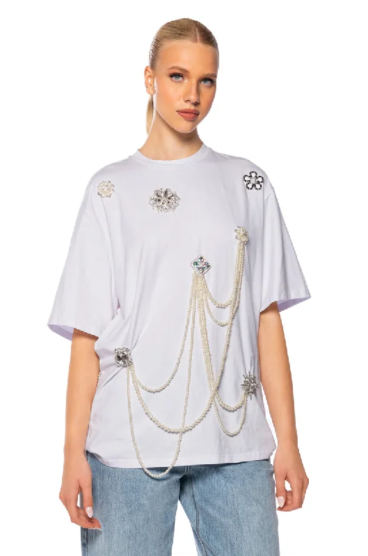 DRIPPING IN JEWELS EMBELLISHED T SHIRT Comfortable Flowing Short Sleeve