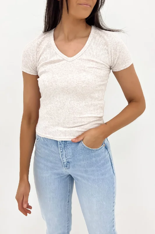 Eve Rib V Neck Tee Oat Wool Fabric Cashmere Fabric Tweed Fabric