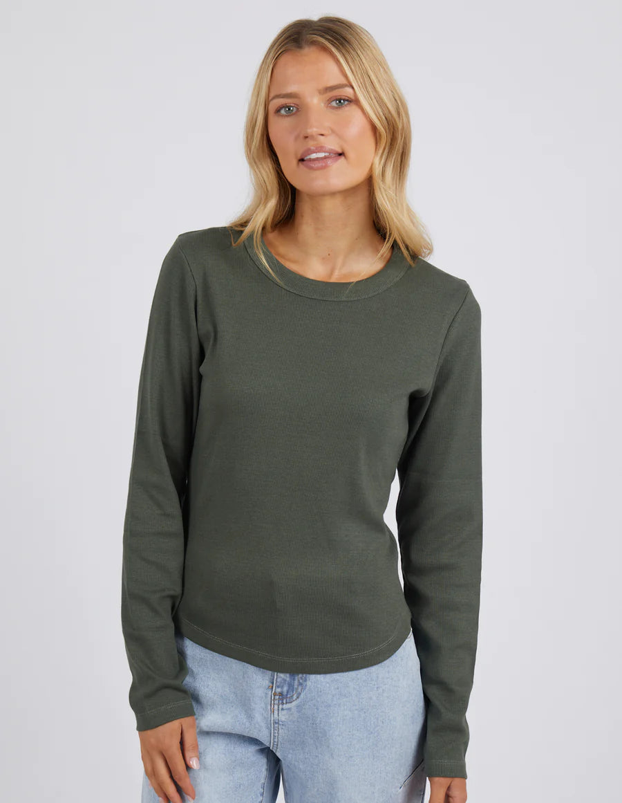 FOXWOOD SCOOP LONG SLEEVE RIB TEE KHAKI Cotton Fabric Linen Fabric Terry Fabric
