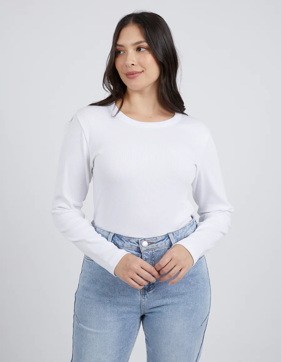 FOXWOOD SCOOP LONG SLEEVE RIB TEE WHITE Ribbed Striped Patterned