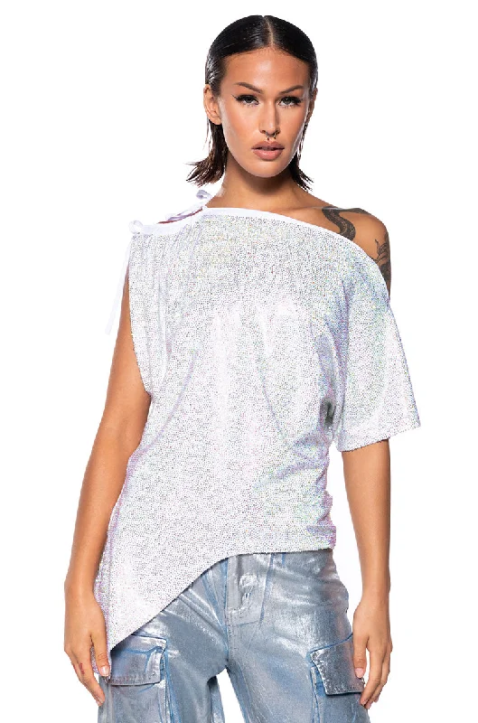 GLISTENING ASYMMETRICAL TSHIRT IN WHITE MULTI Comfortable Summer Short Shirt