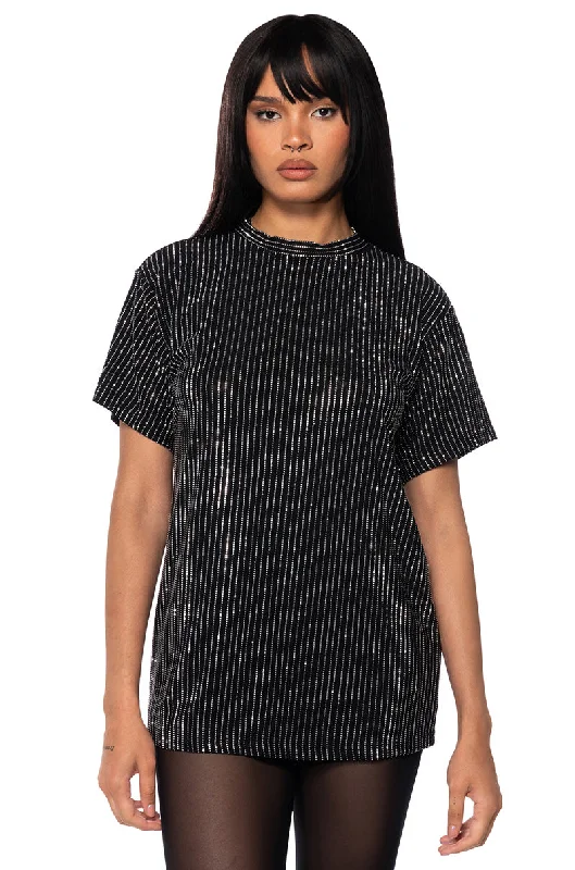 GLITZ OVERSIZED MESH T SHIRT IN BLACK Classic Button-Up Short Tee
