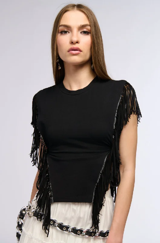 GRUNGE GIRL FAUX LEATHER FRINGE TSHIRT Modern Fit Short Sleeve
