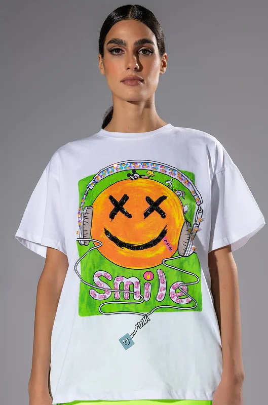 HAPPY FACE GRAPHIC TSHIRT Trendy Short Sleeve Blouse