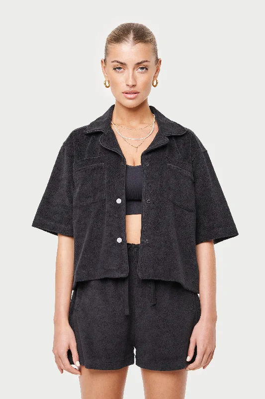 HEAVYWEIGHT TOWELLED RESORT SHIRT - BLACK Comfortable Stretch Short Shirt
