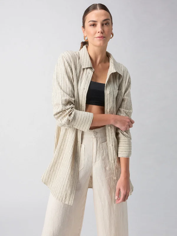 Long Line Pocket Shirt Eco Olive Stripe Comfortable Short Sleeve Blouse
