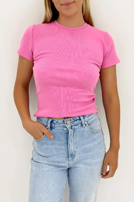 Margo Tee Bright Pink Houndstooth Herringbone Solid