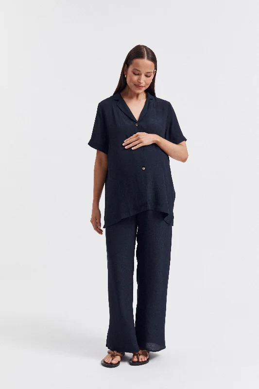 Holiday Rayon Shirt (Navy) Cozy Printed Short Shirt