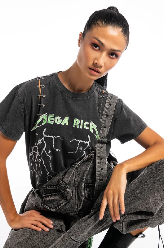 MEGA OR BUST EMBELLISHED GRAPHIC TSHIRT Cozy Striped Short Sleeve