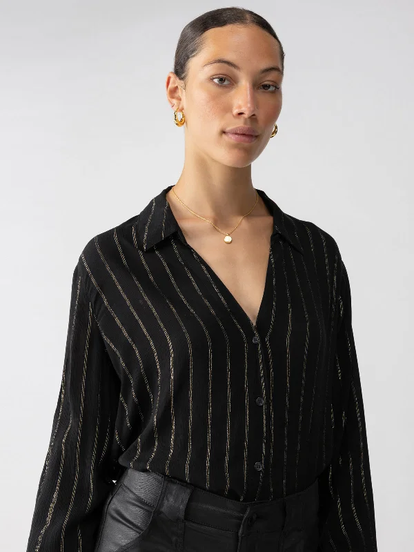 Metallic Shirt Black Cozy Linen Short Shirt