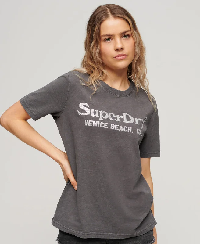 Metallic Venue Relaxed Tee | Vintage Black Slub Graphic Embroidered Appliqued