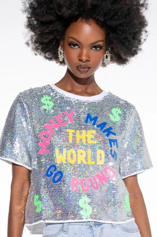 MONEY MAKE THE WORLD GO ROUND SEQUIN CROPPED SHIRT Cozy Loose Fit Short Sleeve