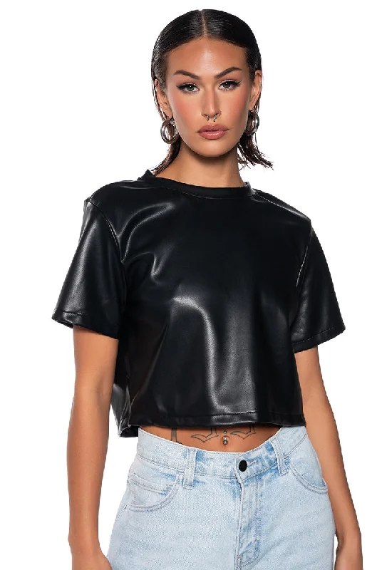 MY TYPE OPEN BACK FAUX LEATHER SHIRT Casual Oversized Short Shirt