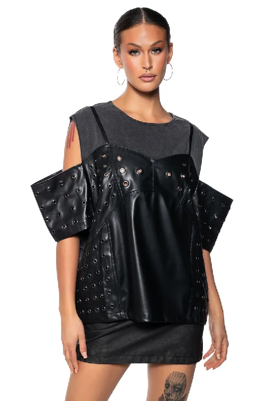 NOAH FAUX LEATHER COLD SHOULDER OVERSIZED T SHIRT Comfortable Peplum Short Shirt