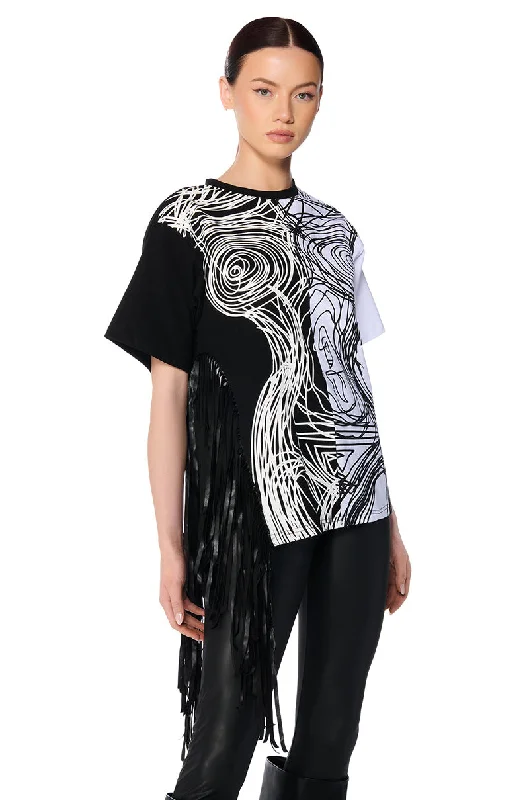 ABSTRACT FRINGE DETAIL OVERSIZED T SHIRT Comfortable Ribbed Short Sleeve