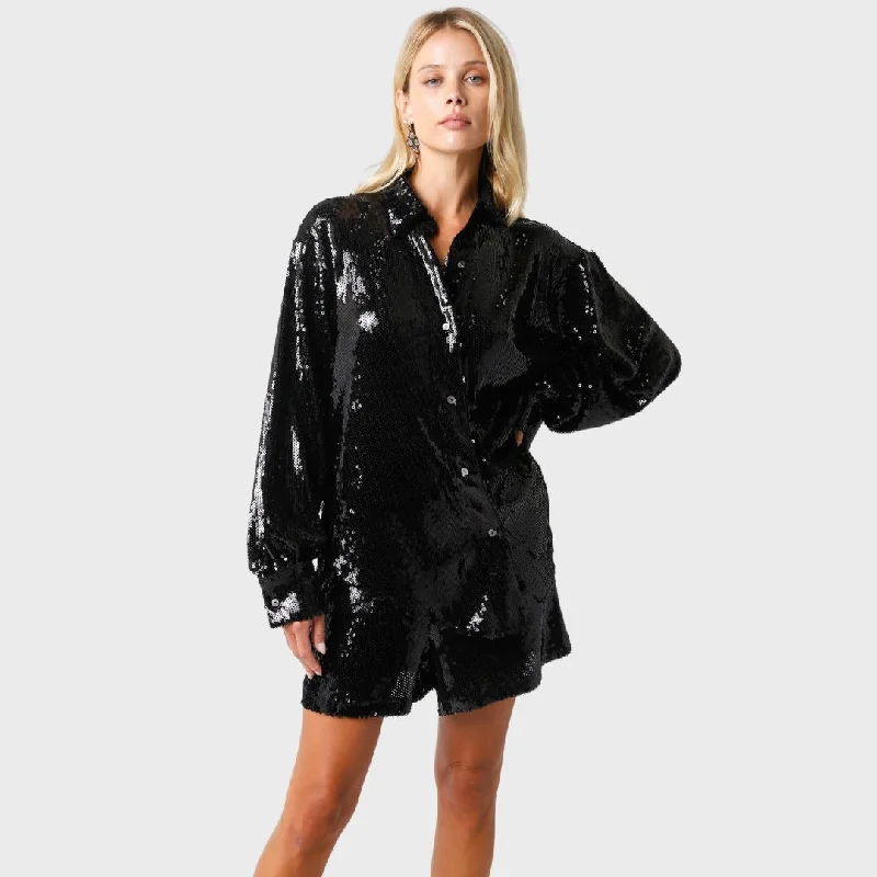 Peggy Sequin Shirt (Black) Comfortable Ribbed Short Sleeve