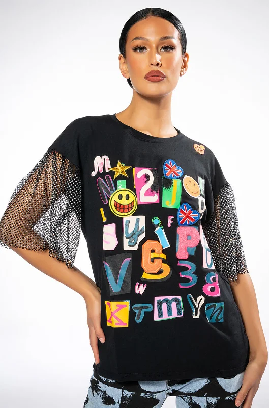 SCRAPBOOK EMBELLISHED SLEEVES TSHIRT Trendy Print Short Sleeve