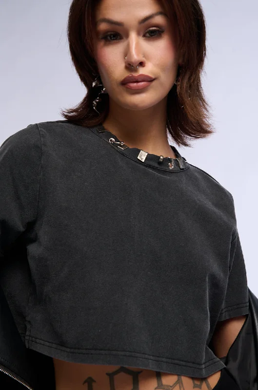 SIMPLE AND CUTE EMBELLISHED NECKLINE SHIRT IN DARK GREY Casual Button-Down Short Shirt